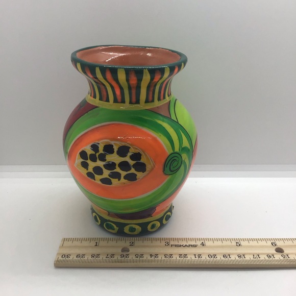 Colorful Glazed Mexican Redware Art Pottery Vase Fruit Pattern Tutti Fruiti Folk - Picture 8 of 10